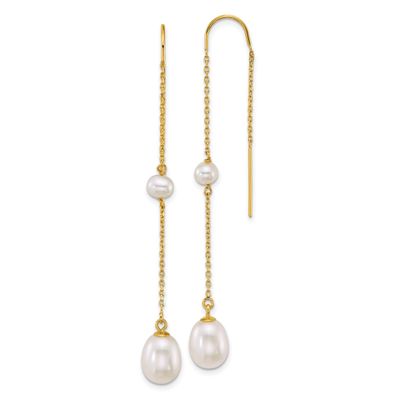 4-8mm White Near-Round and Teardrop Freshwater Cultured Pearl Threader Earrings 14k Gold, XF917E,