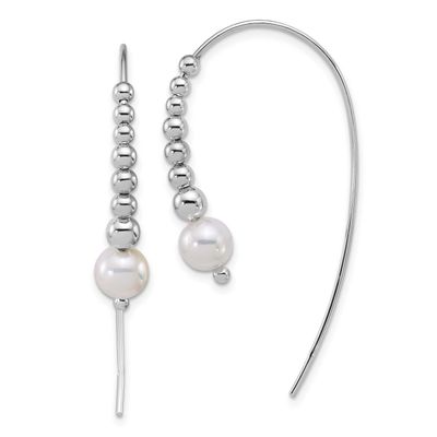 Polished and Beaded Shell Pearl Threader Earrings Sterling Silver Rhodium-plated, QE18190,
