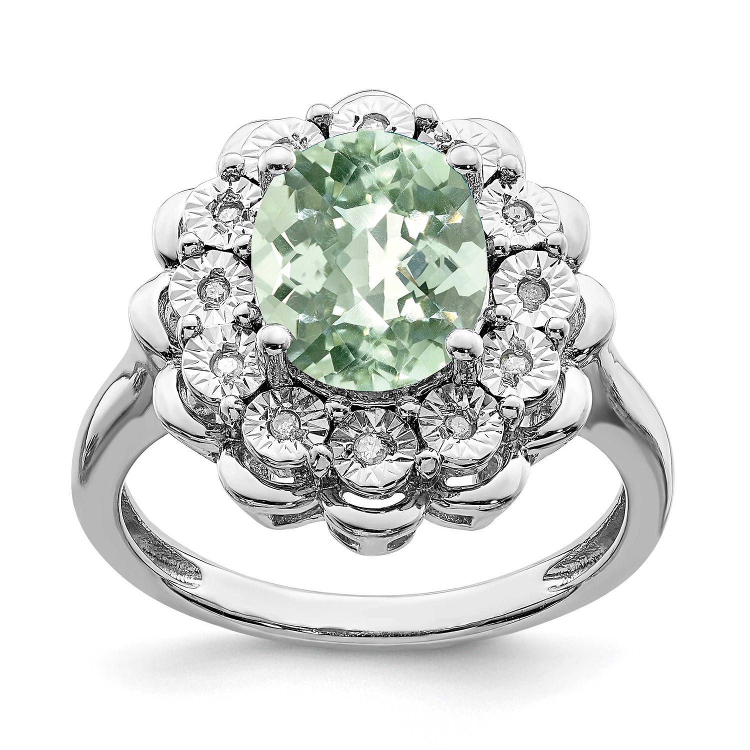 Diam. &amp; Oval Checker-Cut Green Quartz Ring Sterling Silver Rhodium-plated, QR3029AG-7, 886774272030