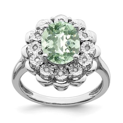 Diam. &amp; Oval Checker-Cut Green Quartz Ring Sterling Silver Rhodium-plated, QR3029AG-7, 886774272030