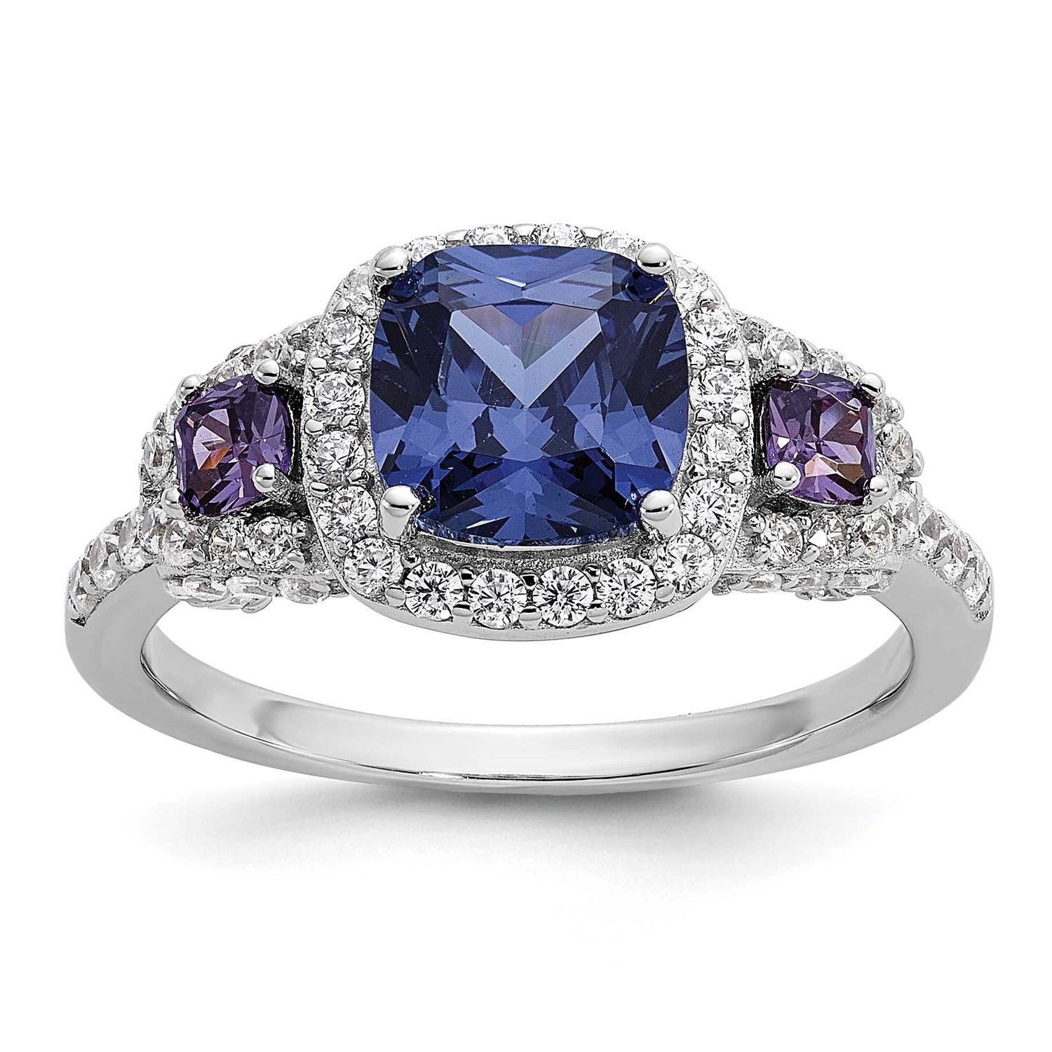 Cheryl M Polished Fancy Blue Purple and White CZ Halo Ring Sterling Silver Rhodium-plated, QCM1804-