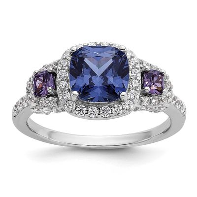 Cheryl M Polished Fancy Blue Purple and White CZ Halo Ring Sterling Silver Rhodium-plated, QCM1804-