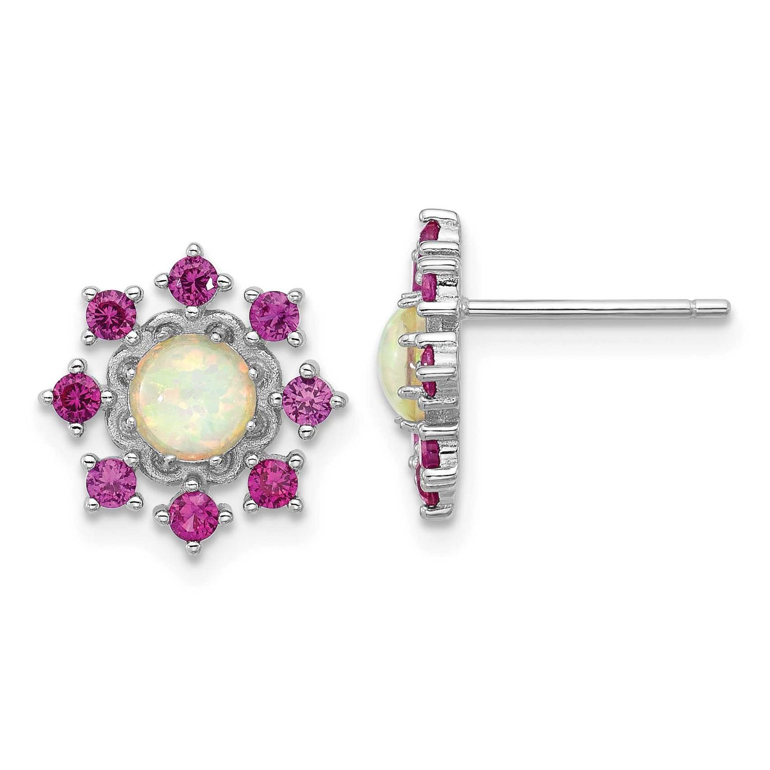 Cheryl M Polished Created Opal and Pink Crystal Flower Post Earrings Sterling Silver Rhodium-plated