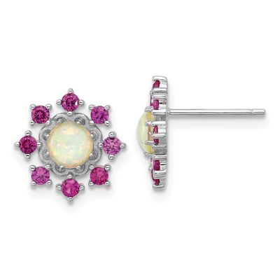 Cheryl M Polished Created Opal and Pink Crystal Flower Post Earrings Sterling Silver Rhodium-plated