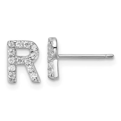 Cheryl M Polished Letter R CZ Initial Post Earrings Sterling Silver Rhodium-plated, QCM1867R,