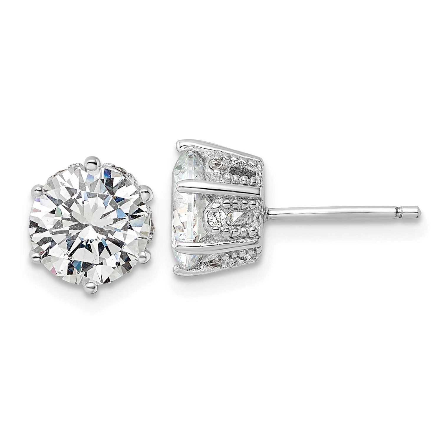Cheryl M Polished and Textured CZ Stud Earrings Sterling Silver Rhodium-plated, QCM1856,