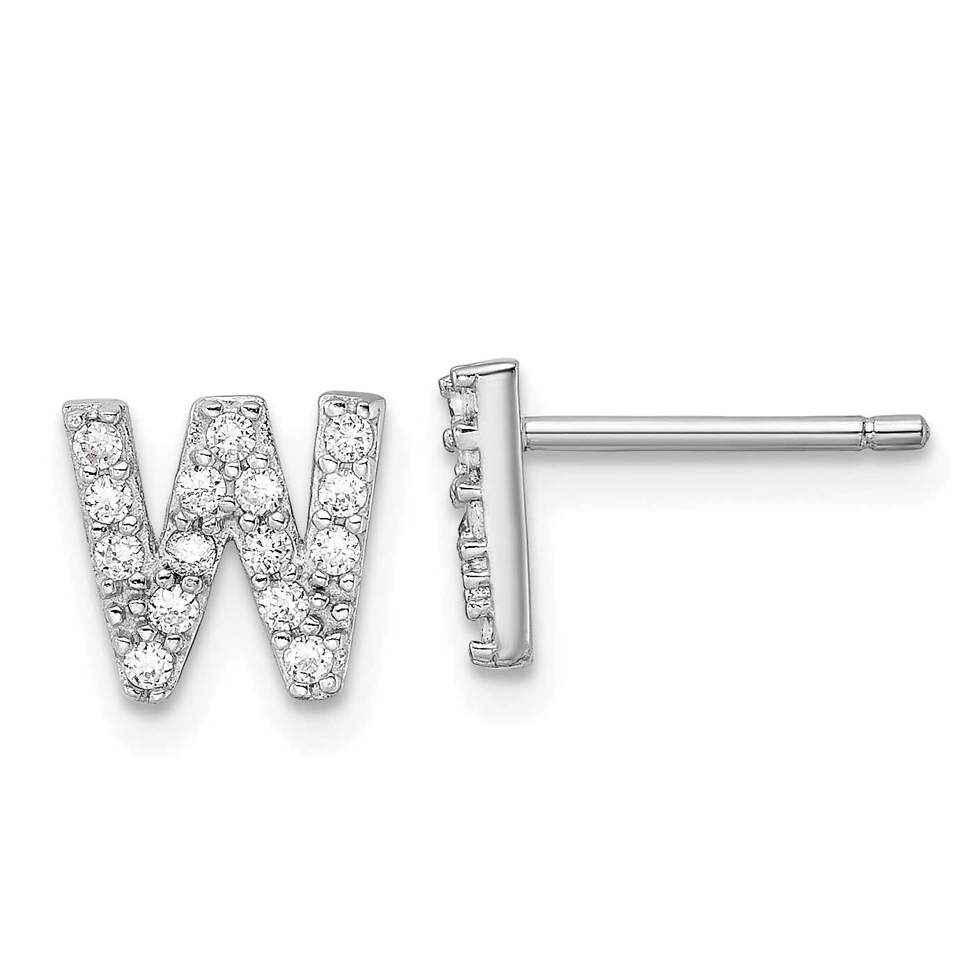 Cheryl M Polished Letter W CZ Initial Post Earrings Sterling Silver Rhodium-plated, QCM1867W,