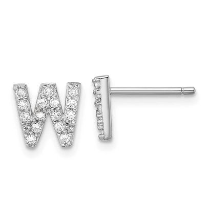 Cheryl M Polished Letter W CZ Initial Post Earrings Sterling Silver Rhodium-plated, QCM1867W,
