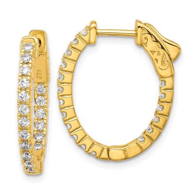 Gold-tone Flash Gold-plated 1.7mm CZ 36 Stone Oval In and Out Hinged Hoop Earrings Sterling Silver,