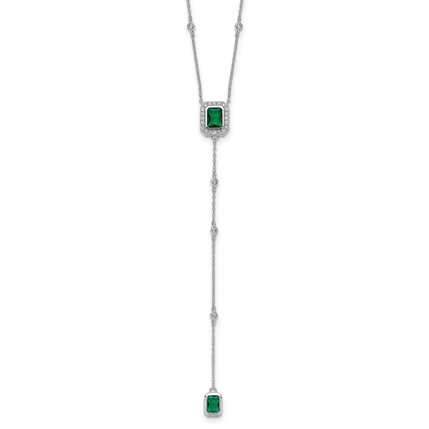 Cheryl M Polished Fancy Green Glass and CZ Lariat Necklace Sterling Silver Rhodium-plated, QCM1817-