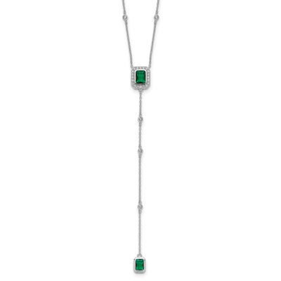 Cheryl M Polished Fancy Green Glass and CZ Lariat Necklace Sterling Silver Rhodium-plated, QCM1817-