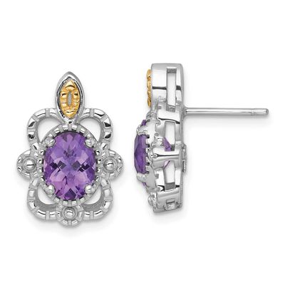 Shey Couture with 14k Accent Oval Amethyst Vintage Post Earrings Sterling Silver Rhodium-plated, QT