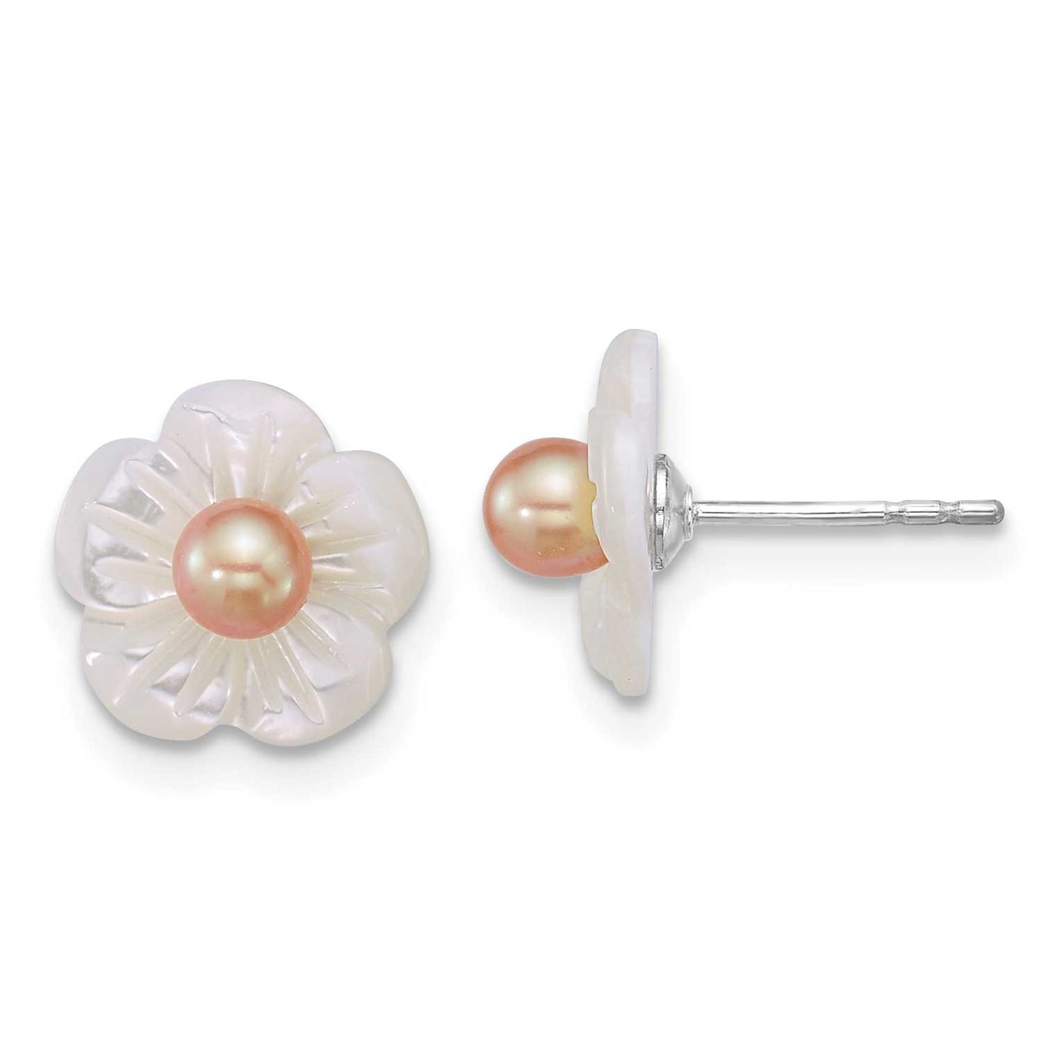 3-4mm Pink Round Freshwater Cultured Pearl and White Mother of Pearl Flower Post Earrings Sterling