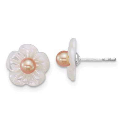3-4mm Pink Round Freshwater Cultured Pearl and White Mother of Pearl Flower Post Earrings Sterling