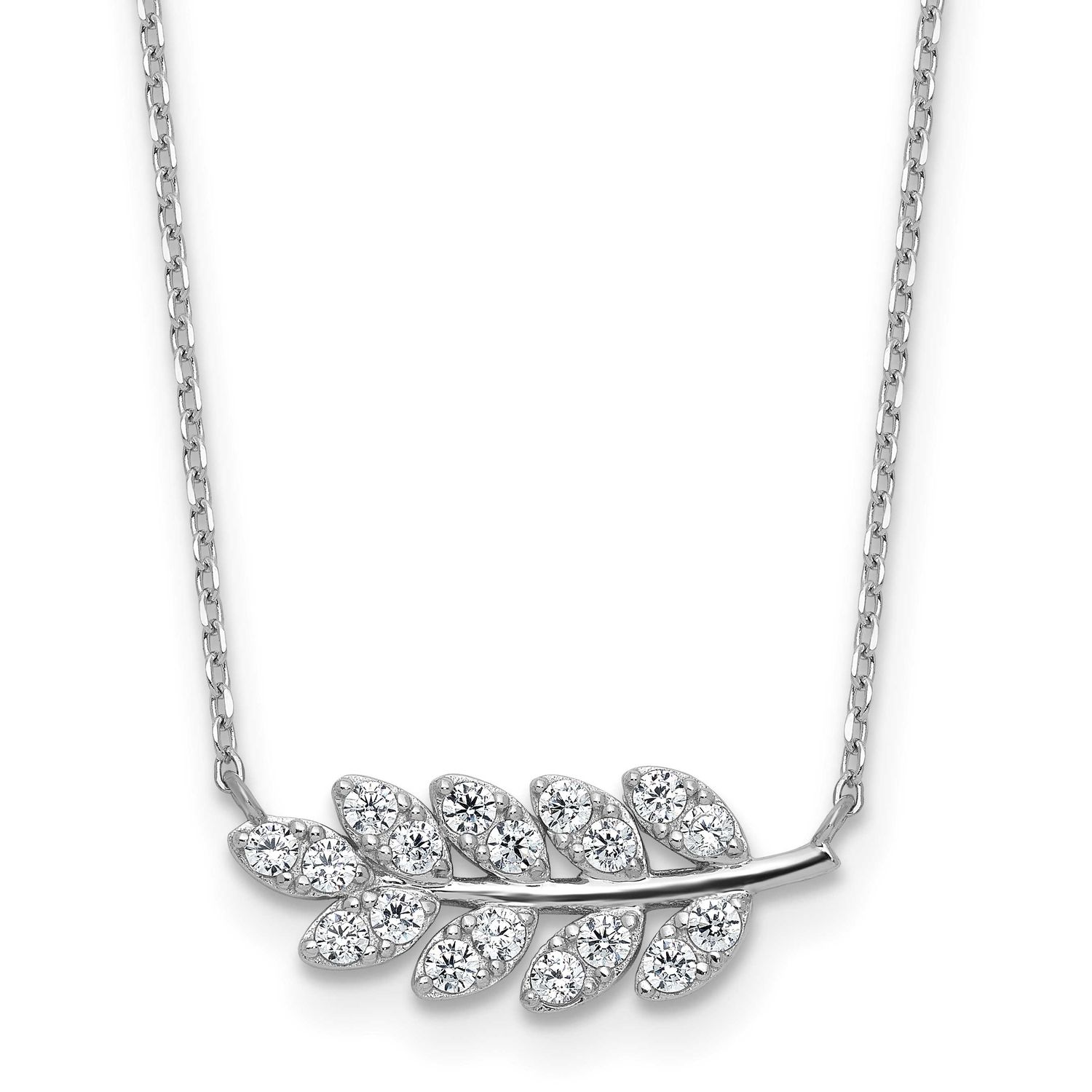 Cheryl M Polished CZ Leaf Necklace Sterling Silver Rhodium-plated, QCM1793-18, 196904277980