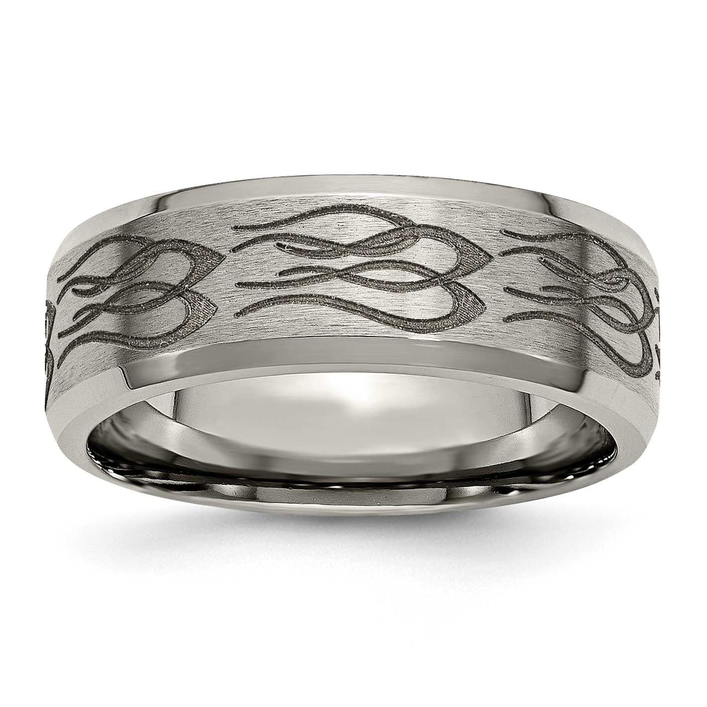 Flames Laser Design 8mm Beveled Edge Band Titanium Brushed and Polished, TB115T-12.5, 886774045498