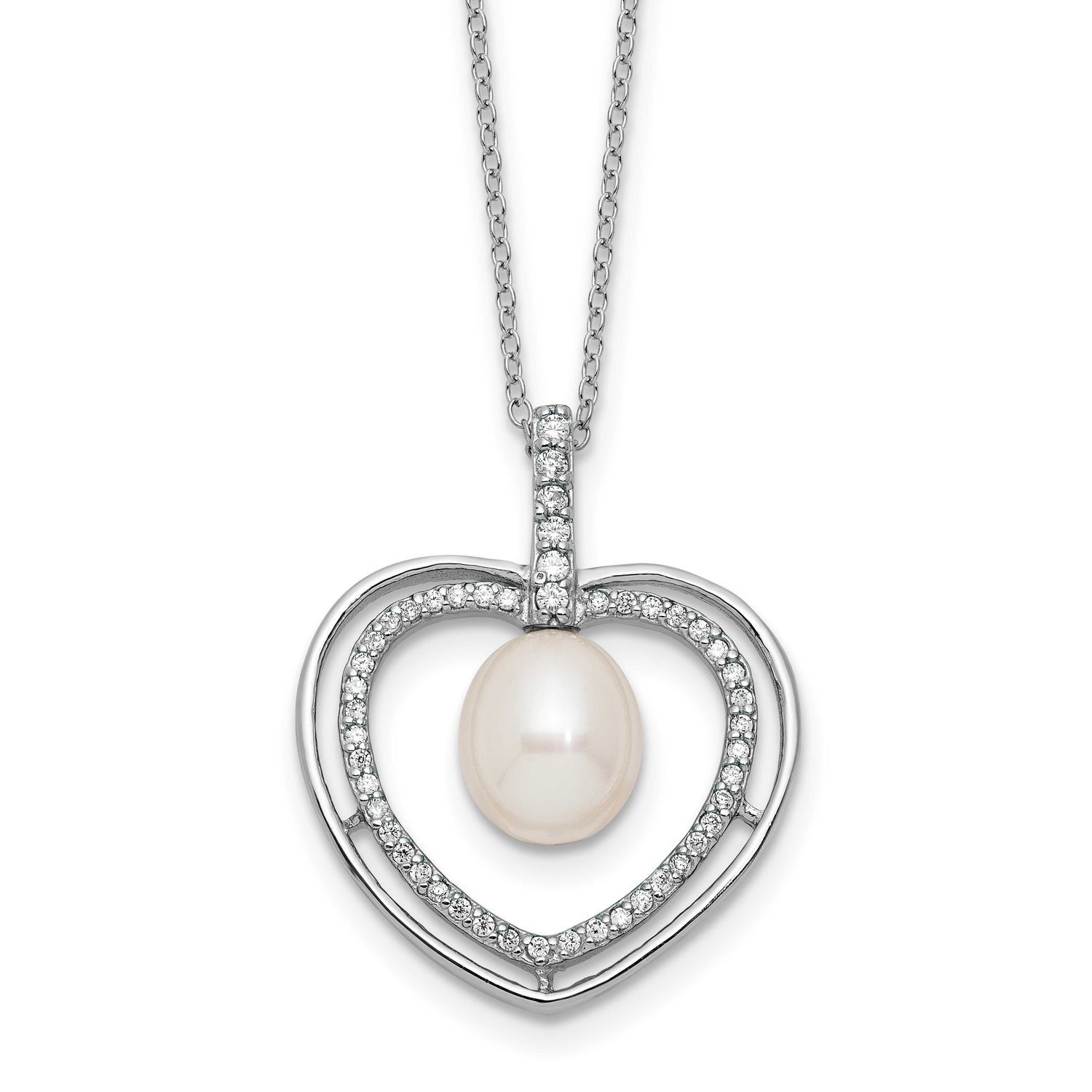 8-9mm White Rice Freshwater Cultured Pearl and CZ Heart 17 inch Necklace Sterling Silver Rhodium-pl
