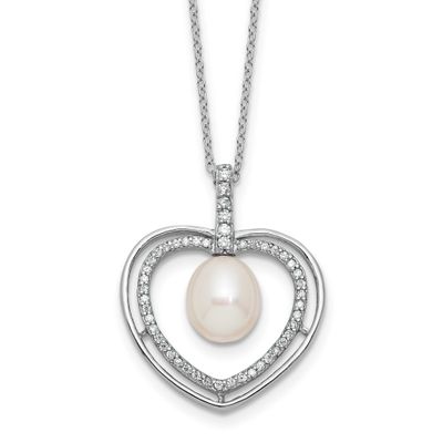 8-9mm White Rice Freshwater Cultured Pearl and CZ Heart 17 inch Necklace Sterling Silver Rhodium-pl