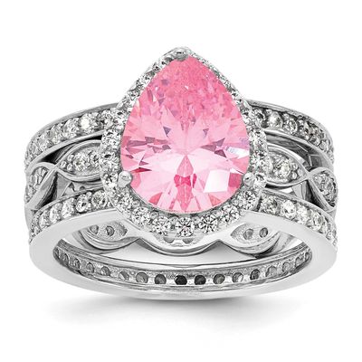 Cheryl M Polished Pink and White CZ Halo Teardrop 3 Ring Set Sterling Silver Rhodium-plated, QCM195