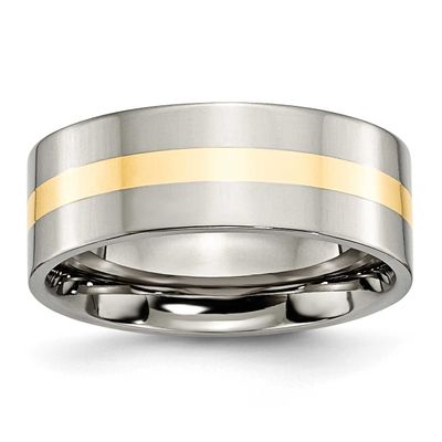 14k Gold Inlay 8mm Flat Band Titanium Polished, TB220-12, 883957798769