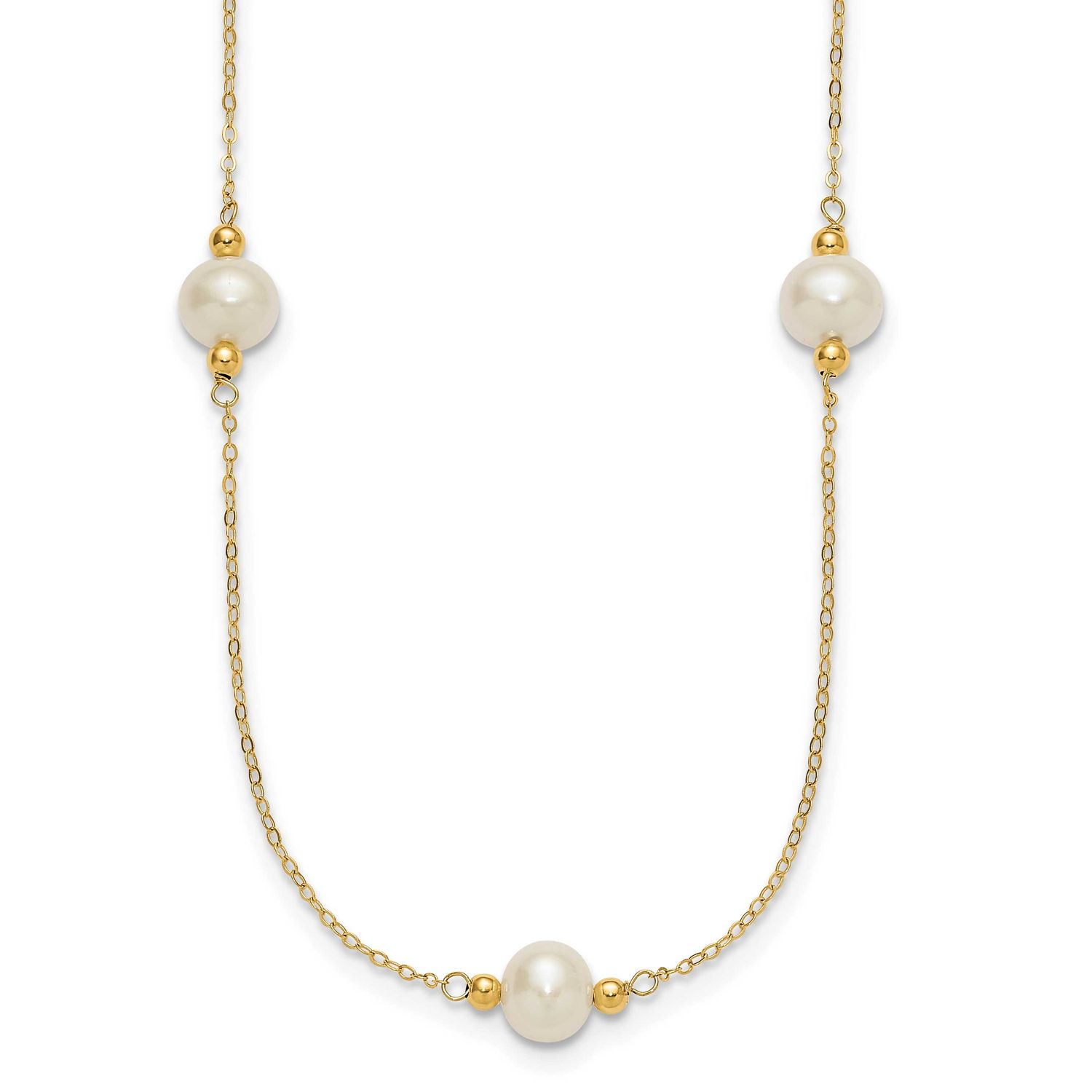 8-9mm White Near Round White Freshwater Cultured Pearl 5-station 18 inch Necklace 14k Gold, XF875-1