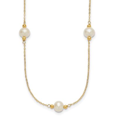 8-9mm White Near Round White Freshwater Cultured Pearl 5-station 18 inch Necklace 14k Gold, XF875-1