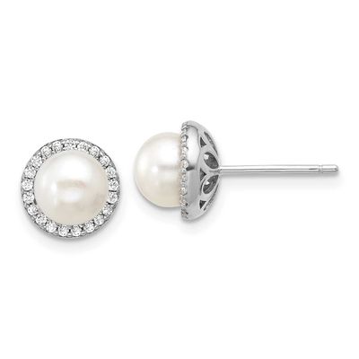 Cheryl M Polished Freshwater Cultured Pearl and CZ Halo Post Earrings Sterling Silver Rhodium-plate