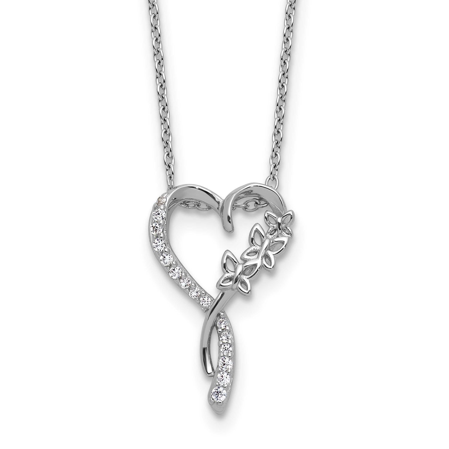 Cheryl M Polished CZ Butterflies Heart with 2 Inch Extension Necklace Sterling Silver Rhodium-plate