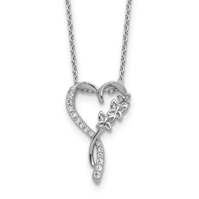 Cheryl M Polished CZ Butterflies Heart with 2 Inch Extension Necklace Sterling Silver Rhodium-plate