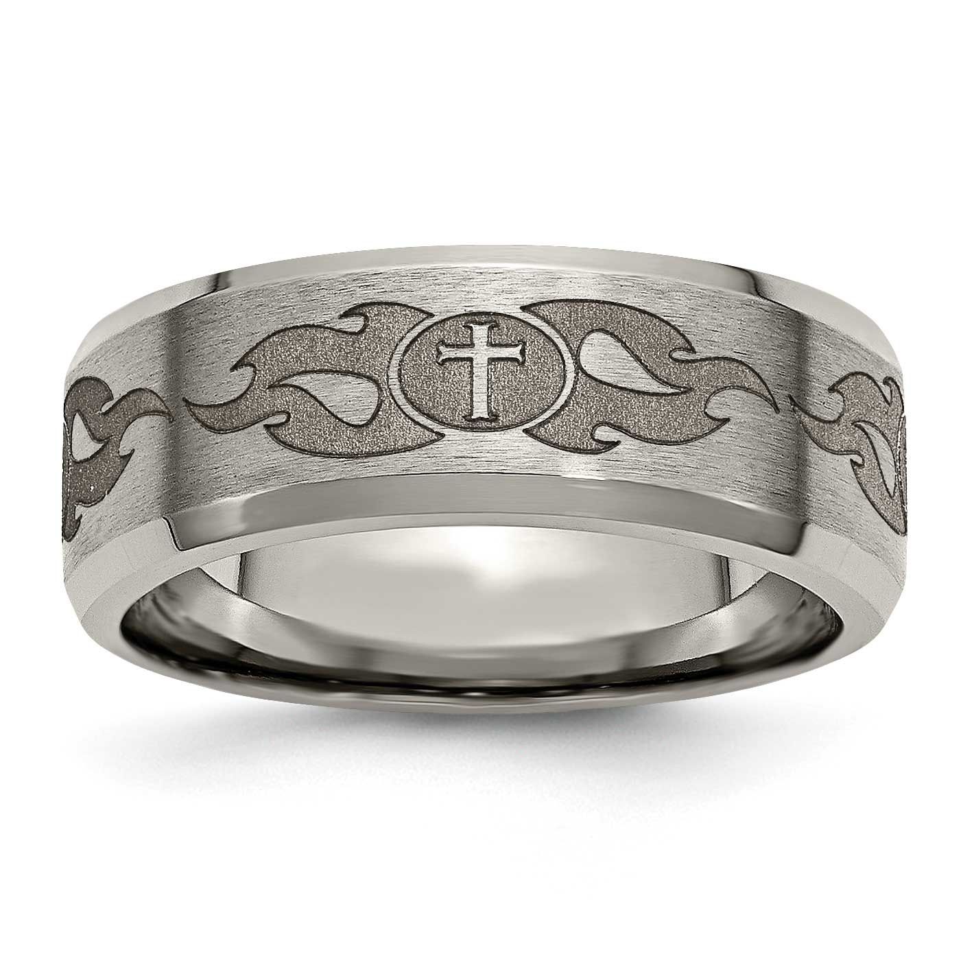 Cross Laser Design 8mm Beveled Edge Band Titanium Brushed and Polished, TB115S-8.5, 886774045412