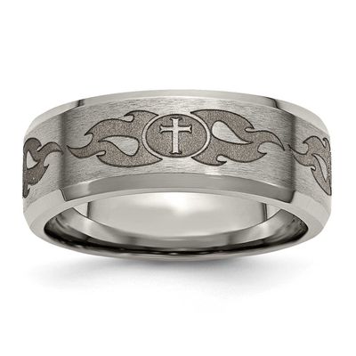 Cross Laser Design 8mm Beveled Edge Band Titanium Brushed and Polished, TB115S-8.5, 886774045412