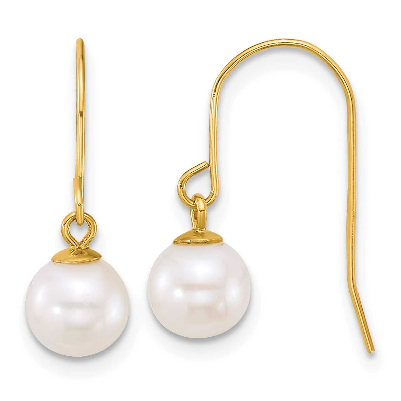 6-7mm White Round Freshwater Cultured Pearl Dangle Shepherd Hook Earrings 14k Gold, XF915E,
