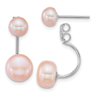 5-6mm and 8-9mm Pink Button Freshwater Cultured Pearl Front and Back Post Dangle Earrings Sterling