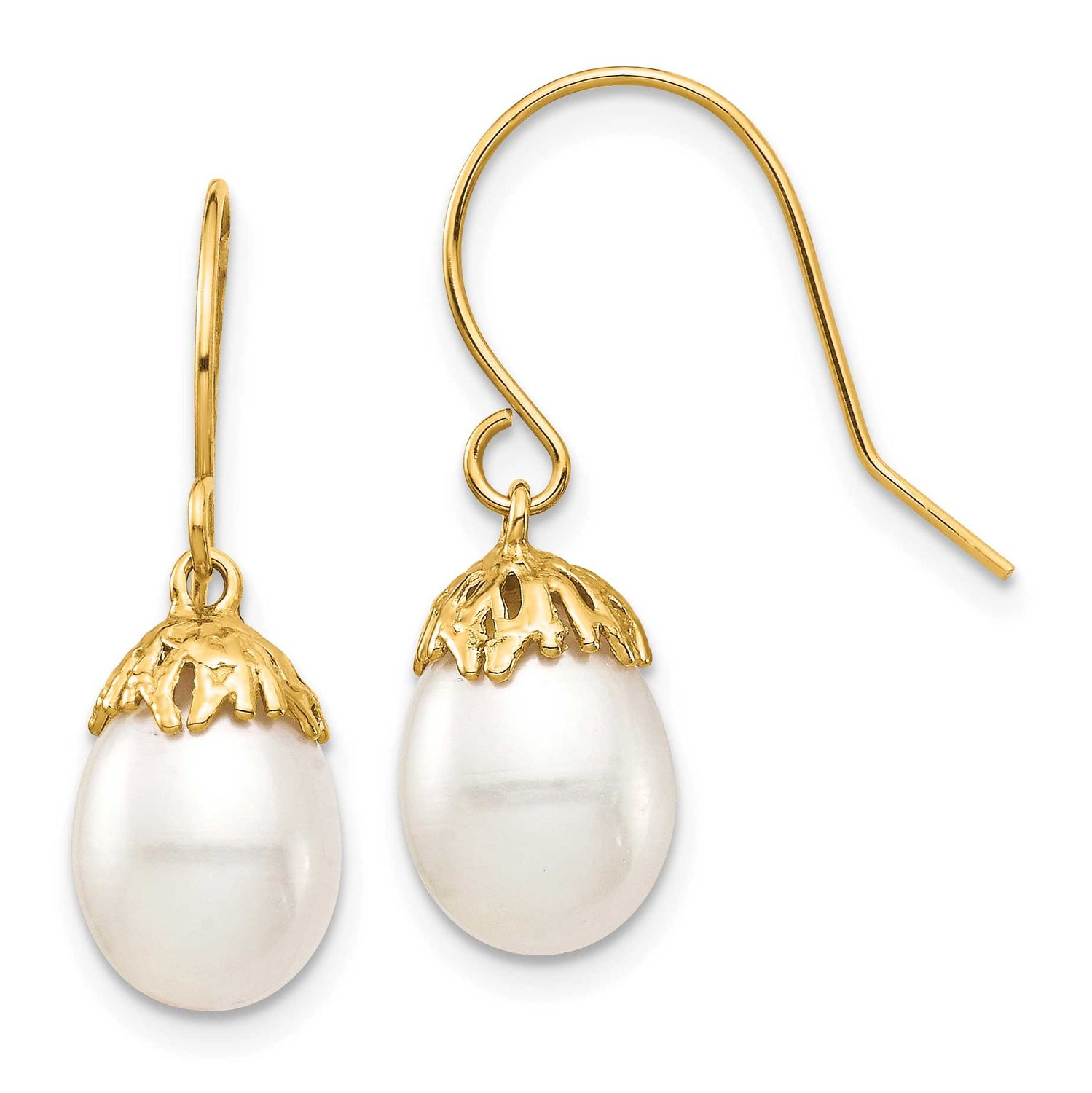 7-8mm White Rice Freshwater Cultured Pearl Dangle Earrings 10k Gold, 10XF704E,