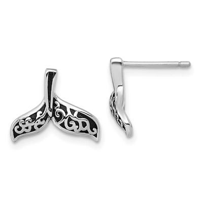 Oxidized Filigree Whale Tail Post Earrings Sterling Silver Rhodium-plated, QG7130E,