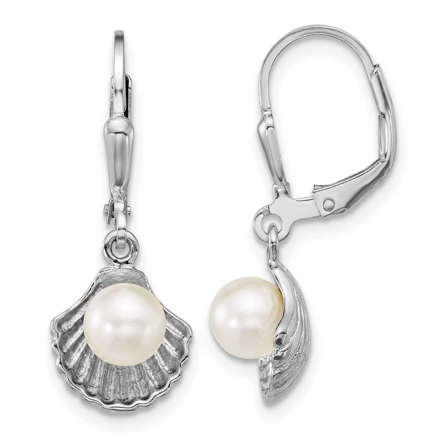 Sea Shell and Acrylic Pearl Leverback Earrin Sterling Silver Rhodium-plated, QE18221,