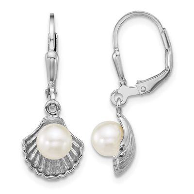 Sea Shell and Acrylic Pearl Leverback Earrin Sterling Silver Rhodium-plated, QE18221,