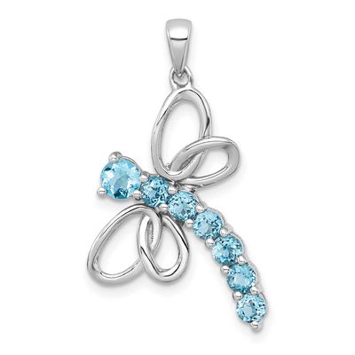 Polished Light Swiss Blue Topaz Dragonfly Pendant Sterling Silver Rhodium-plated, QP6011BT,