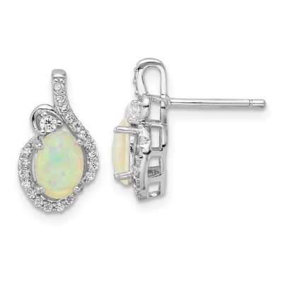 Cheryl M Polished Lab Created Opal and CZ Post Earrings Sterling Silver Rhodium-plated, QCM1965,