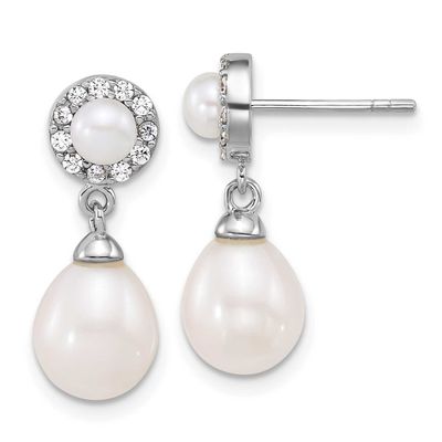 White Round 4-5mm and Teardrop 6-8mm Freshwater Cultured Pearl and CZ Post Dangle Earrings Sterling