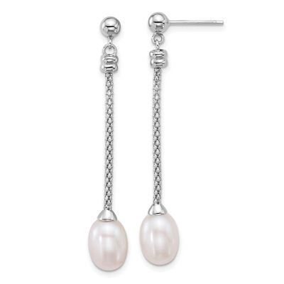 7-8mm White Rice Freshwater Cultured Pearl Post Dangle Earrings Sterling Silver Rhodium-plated, QE1