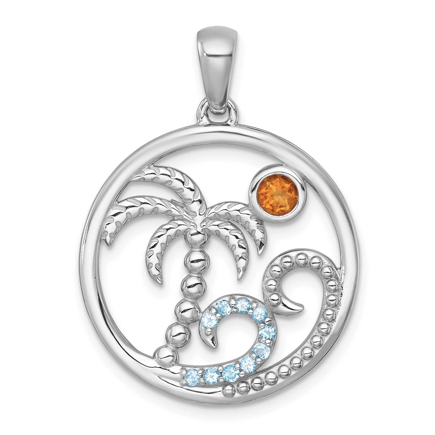 Polished and Beaded Citrine and Light Swiss Blue Topaz Beach Scene Circle Pendant Sterling Silver R