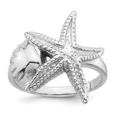 Polished Sea Shell with Starfish Ring Sterling Silver Rhodium-plated, QR7699-6,