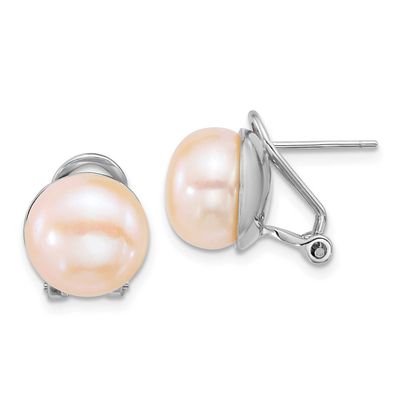 11-12mm Pink Button Freshwater Cultured Pearl Omega Back Earrings Sterling Silver Rhodium-plated, Q