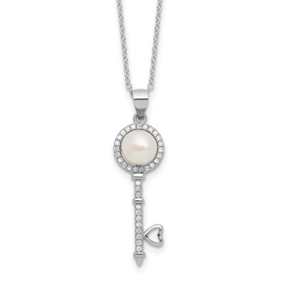 White Button Freshwater Cultured Pearl and CZ Key 17 inch Necklace Sterling Silver Rhodium-plated,