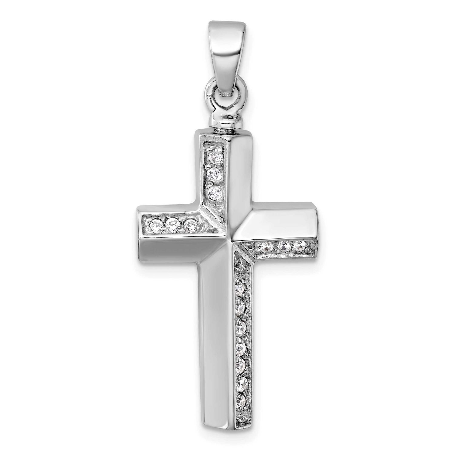 Polished CZ Cross Ash Holder Pendant Sterling Silver Rhodium-plated, QC11509,