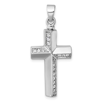 Polished CZ Cross Ash Holder Pendant Sterling Silver Rhodium-plated, QC11509,