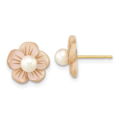 3-4mm White Round Freshwater Cultured Pearl and Pink Mother of Pearl Flower Post Earrings 10k Gold,