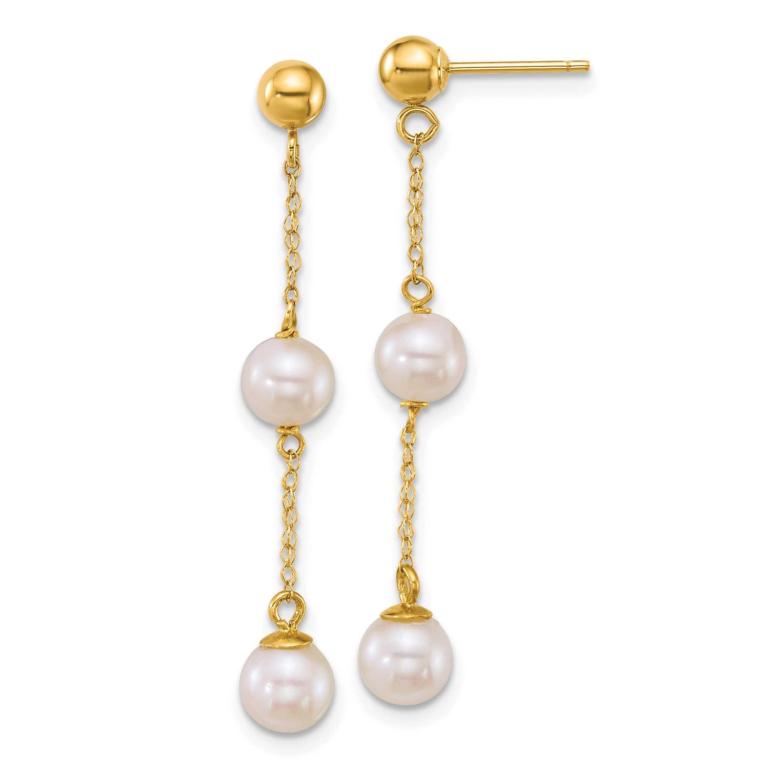 5-6mm White Round Freshwater Cultured Pearl Post Dangle Earrings 14k Gold, XF909E,