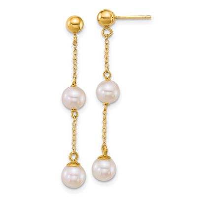 5-6mm White Round Freshwater Cultured Pearl Post Dangle Earrings 14k Gold, XF909E,